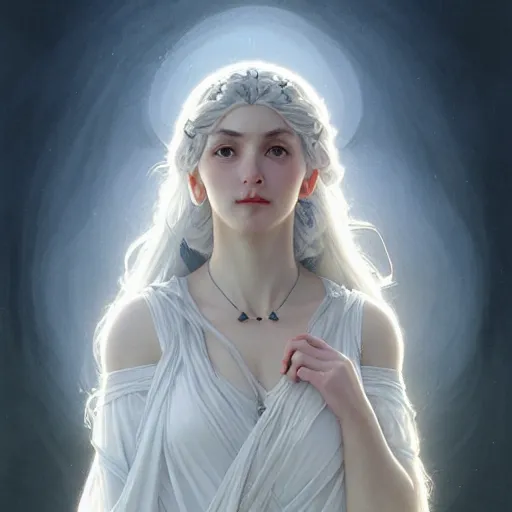 Image similar to portrait of a norse moon goddess, with white skin, intricate, elegant, highly detailed, digital painting, artstation, concept art, smooth, sharp focus, illustration, art by artgerm and greg rutkowski and alphonse mucha and william - adolphe bouguereau