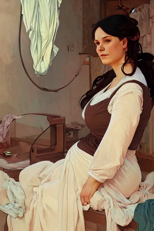 Prompt: rural pregnant woman doing laundry, portrait, elegant, intricate, digital painting, artstation, concept art, smooth, sharp focus, illustration, art by artgerm and greg rutkowski and alphonse mucha