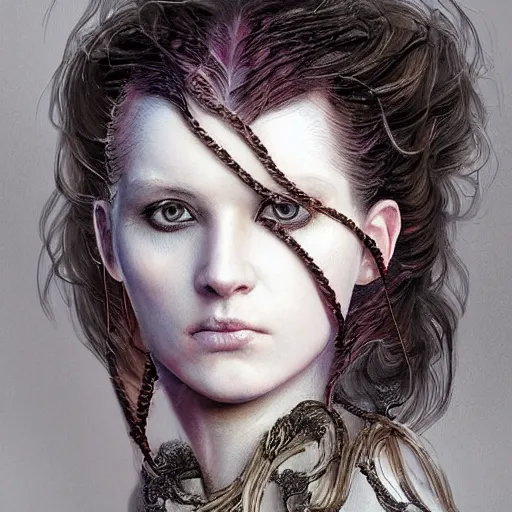 Image similar to portrait of a Shibari rope wrapped face and neck, headshot, insanely nice professional hair style, dramatic hair color, digital painting, of a old 17th century, old cyborg merchant, amber jewels, baroque, ornate clothing, scifi, realistic, hyperdetailed, chiaroscuro, concept art, art by Franz Hals and Jon Foster and Ayami Kojima and Amano and Karol Bak,