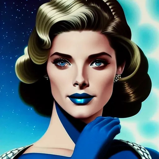 Image similar to Ashley Greene's face combined with Grace Kelly's face with blue hair as a retro-futuristic astronaut, western, D&D, fantasy, intricate, elegant, highly detailed, digital painting, artstation, concept art, matte, sharp focus, illustration, art by Artgerm and Greg Rutkowski and Alphonse Mucha