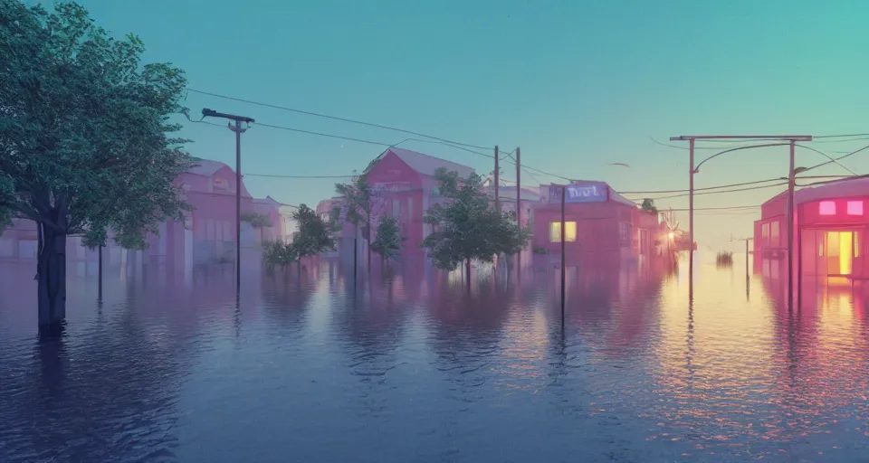 Prompt: a poignant 80s vaporwave outrun 3d Render of a german town being flooded at dusk, soft lighting, matte colors, hazy atmosphere, retro, nostalgic melancholy, grainy, noisy