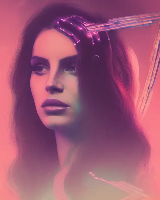 Image similar to portrait of lana del rey as a cyberpunk cyborg. sci - fi intricate abstract. intricate artwork, tear drops, roses, by tooth wu, wlop, beeple, dan mumford. concept art, octane render, trending on artstation, greg rutkowski, asymmetrical, cinematic arthouse, key art, hyper realism, iridescent accents