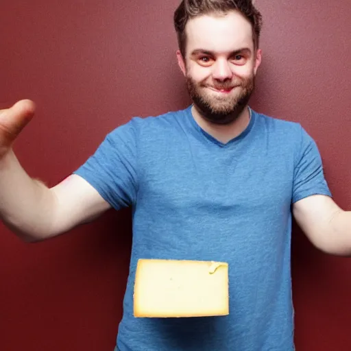 Prompt: a photo of thomas simons holding a piece of cheese