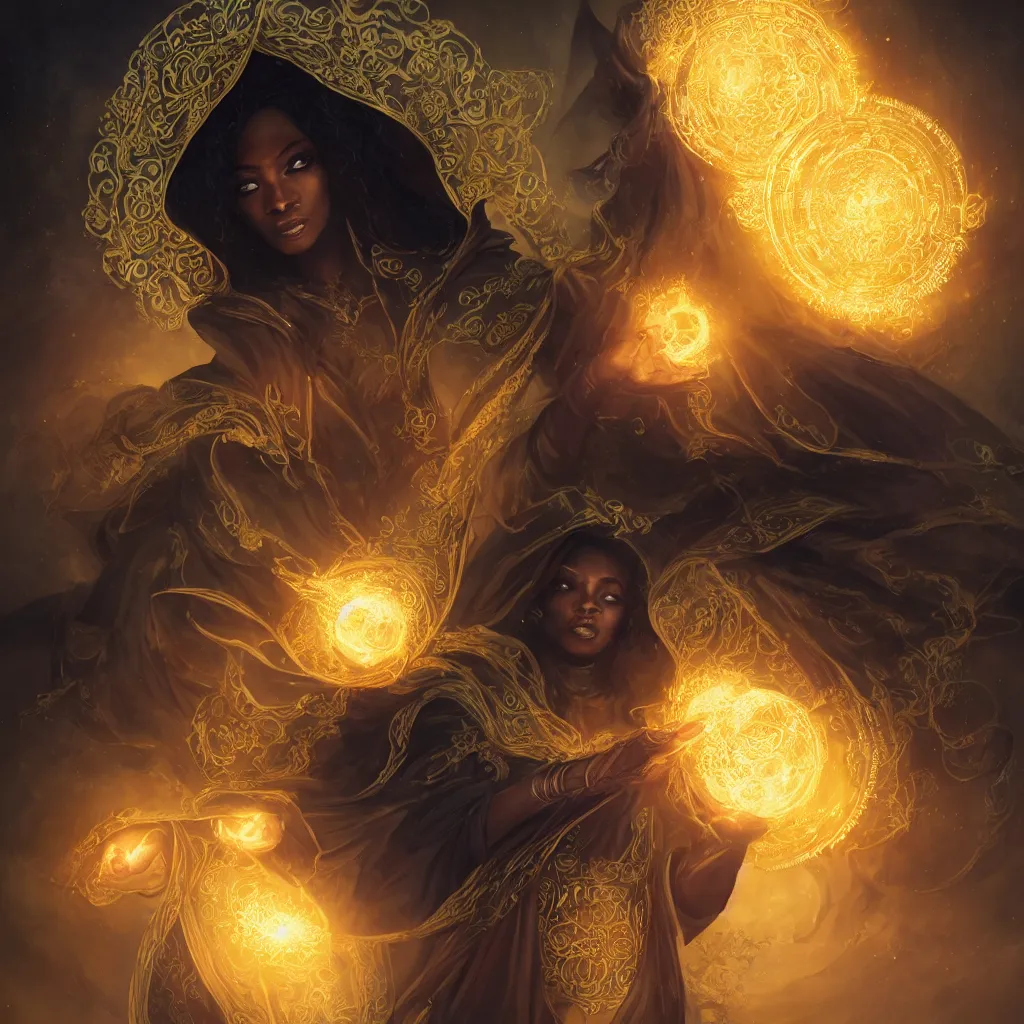 Prompt: gorgeous black orisha woman as a spellcaster mage, dynamic pose full body, hand holding a golden fireball spell, intricate flowing robes, black and golden cloak and hood, Octane render, rule of thirds, golden ratio, 8k, Peter Mohrbacher