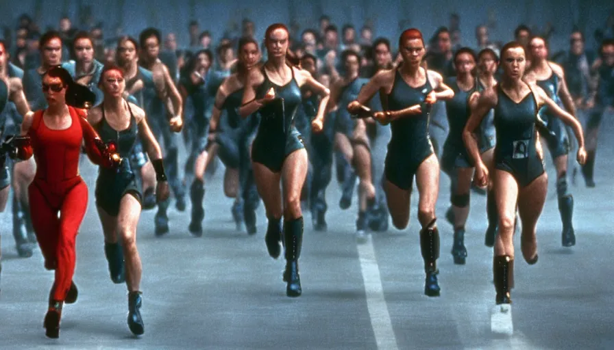 Image similar to The matrix, LeeLoo, Starship Troopers, Clarice Starling, Rey, Sprinters in a race with a clear winner, The Olympics footage, intense moment, cinematic stillframe, shot by Roger Deakins, The fifth element, vintage robotics, formula 1, starring Geena Davis, sports photography, clean lighting