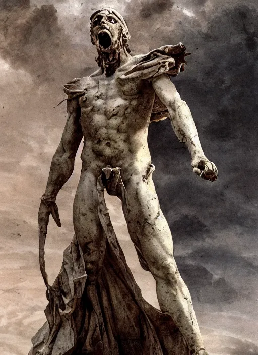 Image similar to ancient statue of a diabolical marble stone cyborg, wearing torn white cape, dynamic pose, thunder, glowing eyes, post apocalyptic ancient ruins, glowing veins subsurface scattering, in clouds, sunset, portrait, by gerald brom, by mikhail vrubel, by peter elson, muted colors, extreme detail, trending on artstation, 8 k