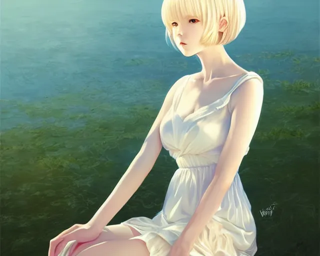 Image similar to infinitely detailed full - body portrait pale female peaceful dream angel wearing elegant clothes. beautiful! scenery art! by wlop & murata range, by ilya kuvshinov. artstation!! / pixiv!!