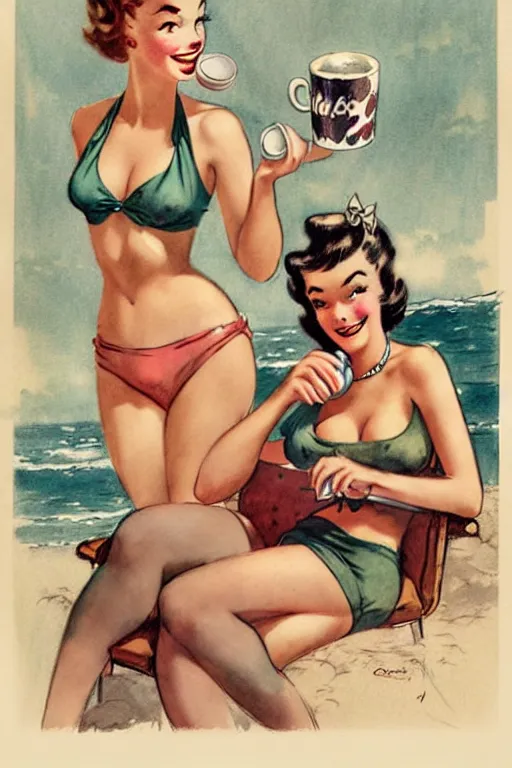 Prompt: 1950s adventure bikini girl drinking coffee with friends, character illustration. muted colors, by Jean-Baptiste Monge