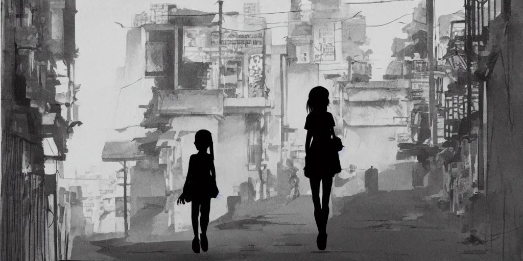 Prompt: colombo sri lankan city street, silhouette of a girl, art by Hayao Miyazaki