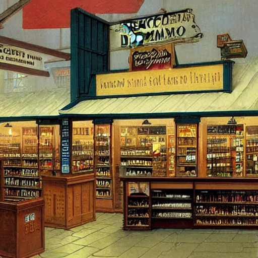 Image similar to American dreamscape liquor store gun shop church. Architectural art by Jean Leon Gerome, Norman Rockwell, Studio Ghibli