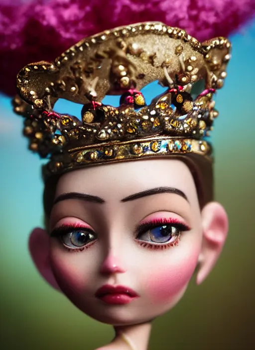Image similar to closeup profile portrait of tin toy fairytale princess wearing a crown, bikini, depth of field, zeiss lens, detailed, symmetrical, centered, fashion photoshoot, by nicoletta ceccoli, mark ryden, lostfish, breathtaking, 8 k resolution, extremely detailed, beautiful, establishing shot, artistic, hyperrealistic, octane render