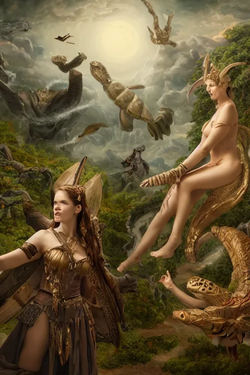 Image similar to A fantasy book style portrait painting of the Great Turtle Island at the center of the Universe, accompanied by a hybrid, Anya_Taylor-Joy, Cory Chase, Eva Green, as a Mystical Valkyrie, Anubis-Reptilian, Atlantean Warrior, François Boucher, Oil Painting, unreal 5, DAZ, hyperrealistic, octane render, Regal, Refined, Detailed Digital Art, RPG portrait, Walt Disney (1937), William-Adolphe Bouguereau, Michael Cheval, Steampunk, Volumetric Golden dappled dynamic lighting, Highly Detailed, Cinematic Lighting, Unreal Engine, 8k, HD