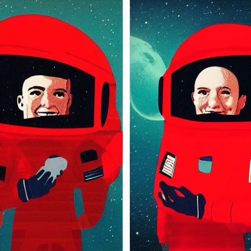 Prompt: retro space explorer portraits. red astronaut suit