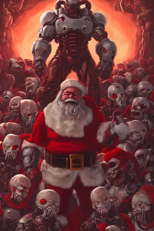 Prompt: ( doom ) cover featuring santa!! claus!! surrounded by demons, by jimmy presler, artstation, vivid gaze,,,,,,, gaze