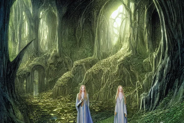 Prompt: Galadriel in Lothlórien, art by John Howe and Brothers Hildebrandt, fantasy illustration