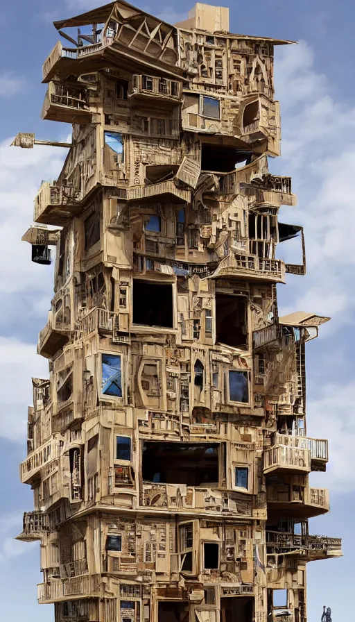 Image similar to tall cardboard house made of junk, multiple floors over hanging one another, unorganized architecture, intricate detail