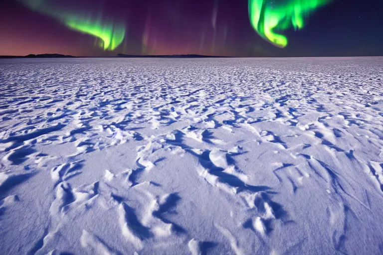 Image similar to A national geographic photo of the vast snowy arctic desert at night with the clear weather and northern lights, Trending on artstation.