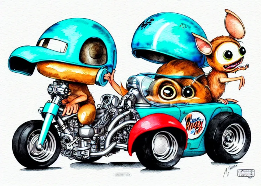 Prompt: cute and funny, gizmo wearing a helmet riding in a hot rod with oversized engine, ratfink style by ed roth, centered award winning watercolor pen illustration, isometric illustration by chihiro iwasaki, edited by range murata, tiny details by artgerm and watercolor girl, symmetrically isometrically centered