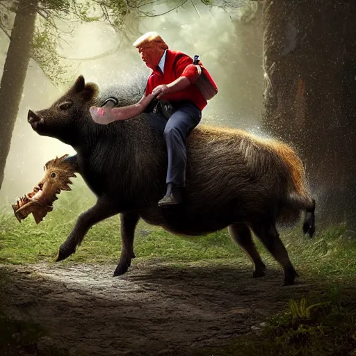 Image similar to donald trump riding a wild boar through the woods, digital art, highly detailed, cinematic lighting, epic composition