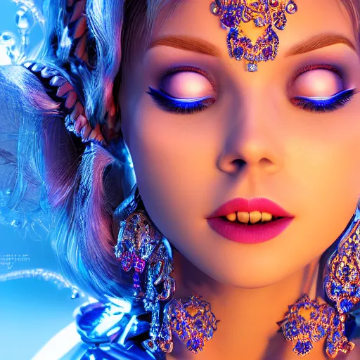 Image similar to photo of wonderful princess of sapphire with fair skin, she has her eyes closed, glowing, ornate and intricate blue jewelry, jaw dropping beauty, eyepopping colors, dynamic lighting, glowing background lighting, blue accent lighting, photorealistic, hyper detailed, award winning photography, 4 k octane render