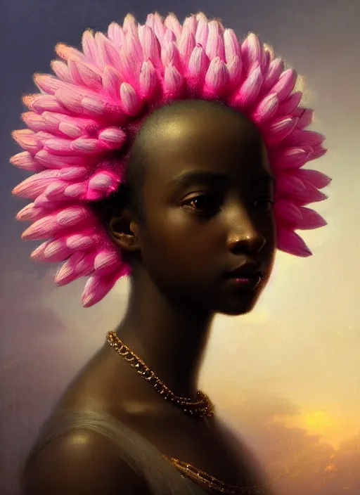 Image similar to stunning african princess, detailed pink and white protea head peace against a black backdrop by ivan aivazovsky, wlop, oil painting, beautiful soft lighting, vintage, rococo, muted colours, artstation