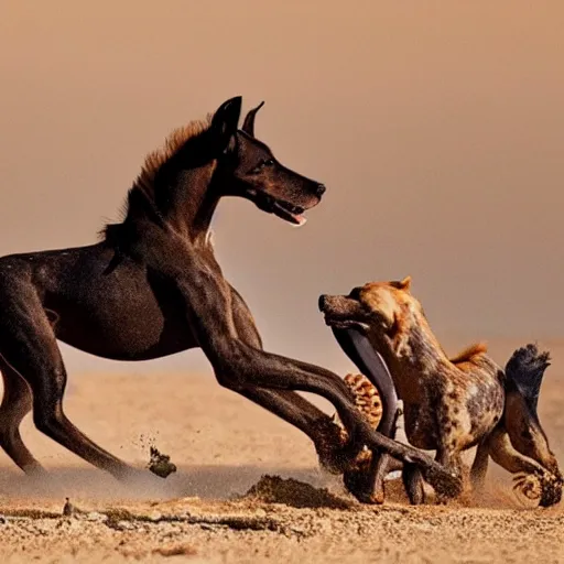 Image similar to National Geographic photo of horse full of octopus being eaten by African hunting dogs