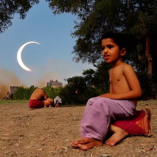 Image similar to child sitting ,Arabian camp in the background on fire , solar eclipse