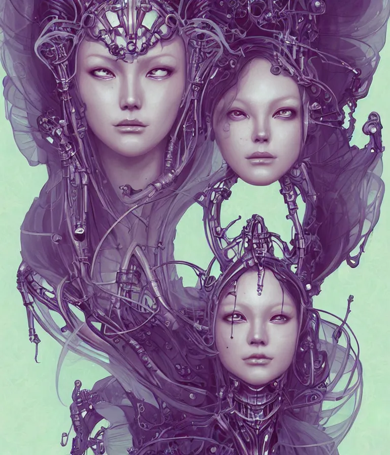 Image similar to fully symmetrical centered portrait of a beautiful princess in robe. artificial muscles, ribcage, bones, hard surface modelling. cyberpunk look. biomechanical mask. bio luminescent biomechanical halo around head. jellyfish. artwork by jarold Sng by artgerm, by Eddie Mendoza, by Peter mohrbacher by tooth wu by alfons mucha, unreal engine, octane render, cinematic light, iridescent details, iridescent colors, dichroic, macro, depth of field, blur