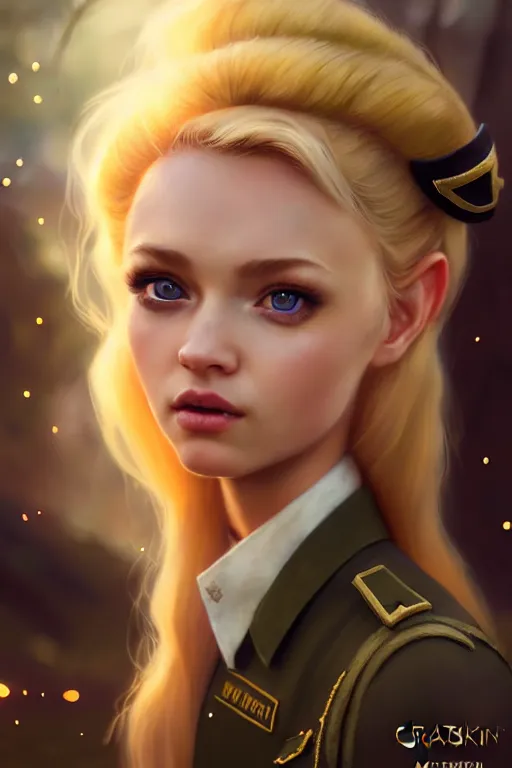 Image similar to cinematic shot of an epic portrait of a cute blonde fairy dressed in military clothes, stylised military clothes, shiny skin, beautiful eyes, beautiful, small details, night setting, realistic poster with volumetric light from craig mallism, artgerm, jeremy lipkin and michael garmash, unreal engine, radiant light, digital art, trends at art station, a masterpiece