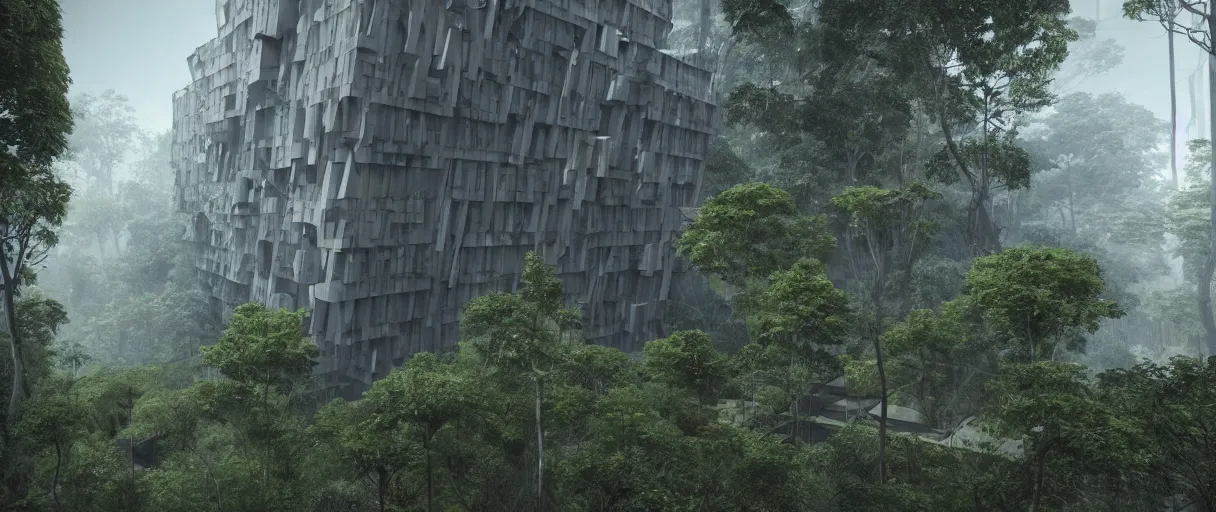 Prompt: brutalist architecture inspired by louis kahn deep in the rainforest. nature is taking over. matte painting by ivan laliashvili. unreal engine 5 render. color scheme blueish. hard shadows. cinematic.