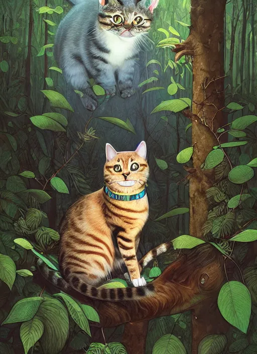 Prompt: a hyper realistic illustrated cat with happy lighting and technology jewelry in the woods gorgeous lighting, sunbeams blue sky, lush forest foliage painting by chiara bautista and beksinski and norman rockwell and greg rutkowski weta studio, and lucasfilm