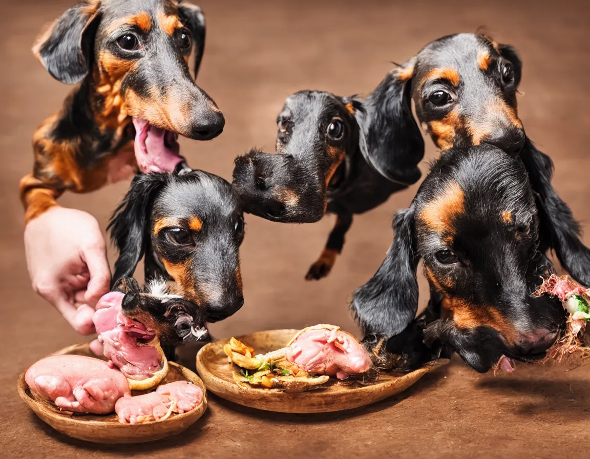 Prompt: dachshund eating a mini pig, photography