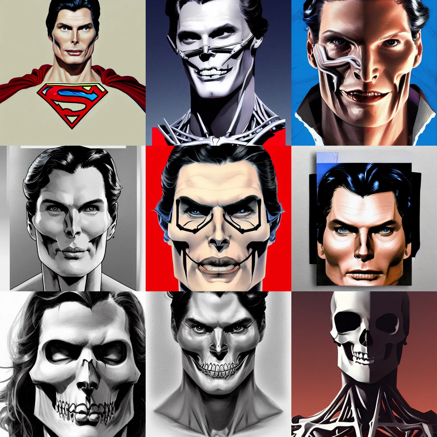 Prompt: Christopher reeve!!! half face torn away metal skeleton exposed skull superman costume, realistic shaded perfect face, fine details. not anime. Realistic shaded lighting poster by Ilya Kuvshinov katsuhiro, magali villeneuve, artgerm, Jeremy Lipkin and Michael Garmash, Rob Rey and Kentarõ Miura style, trending on art station