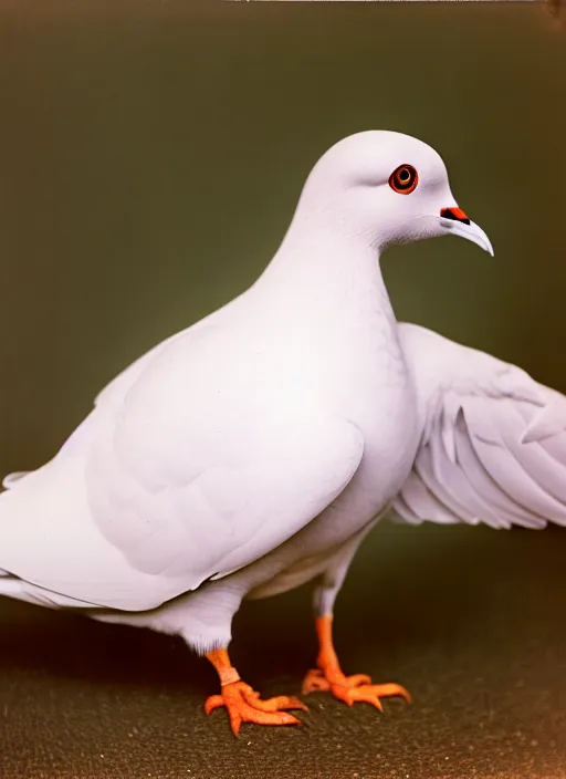 Image similar to realistic color photo of stray white pigeon with multiple wings, front view, grain 1 9 9 0, life magazine reportage photo, metropolitan museum photo