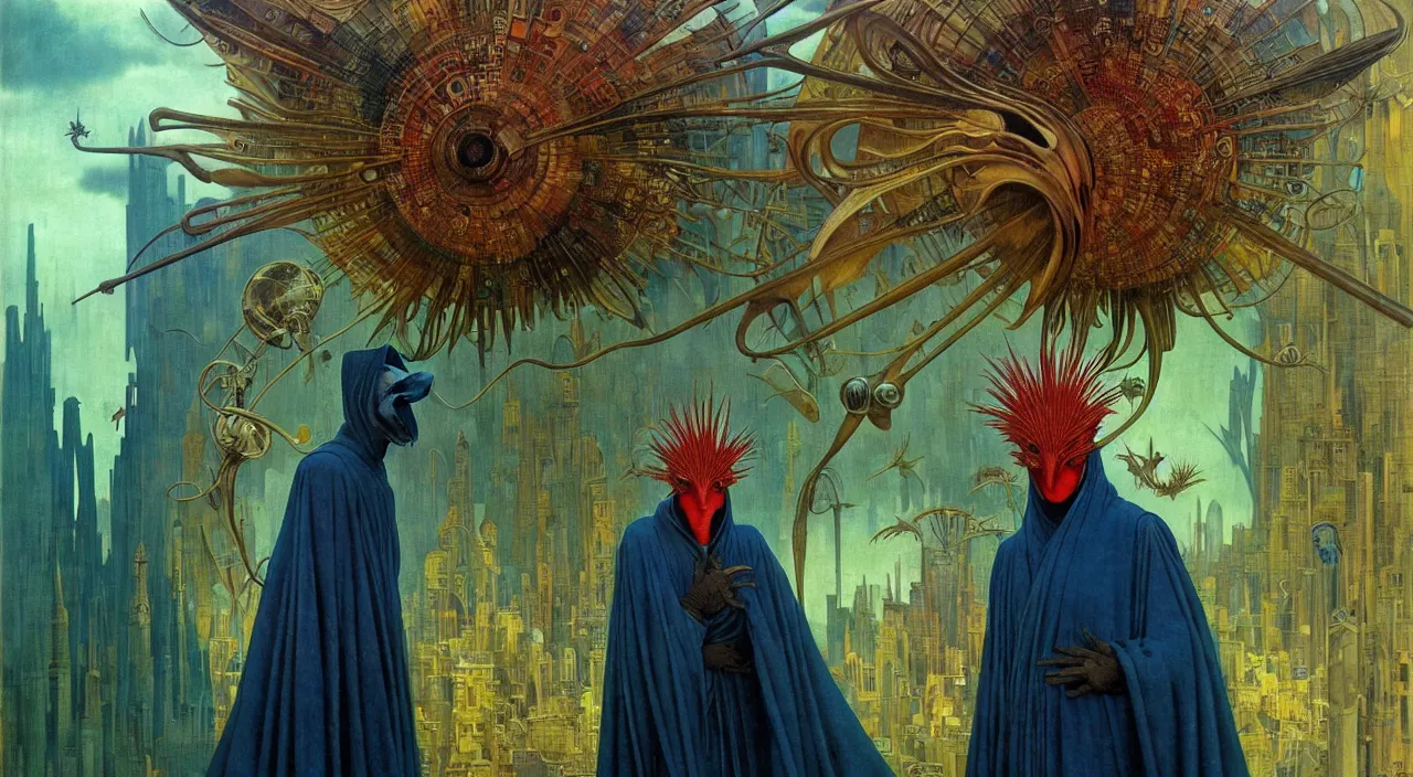 Image similar to realistic detailed portrait movie shot of a birdman wearing dark robes, sci fi city landscape background by denis villeneuve, amano, yves tanguy, alphonse mucha, ernst haeckel, max ernst, roger dean, masterpiece, rich moody colours, blue eyes, occult