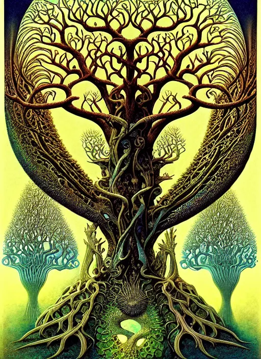 Image similar to tree of life by roger dean and andrew ferez, art forms of nature by ernst haeckel, divine chaos engine, symbolist, visionary, art nouveau, botanical fractal structures, organic, detailed, realistic, surreality