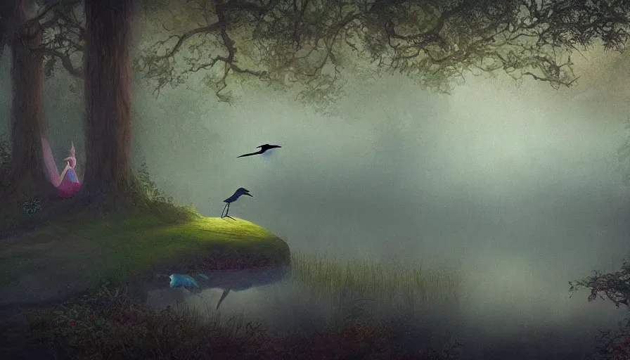 Prompt: a fairy riding a heron over a misty lake, ambient lighting, light bloom, in the style of Edward Robert Hughes!!!! and Over the Garden Wall