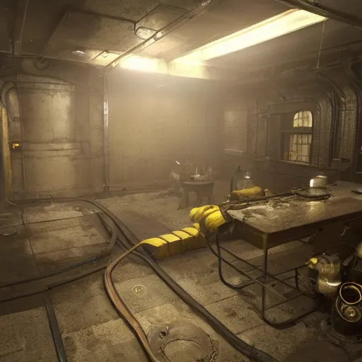 Prompt: fallout concept art vault - tec underground vault metal walls interior render grim realistic lighting unreal engine 5