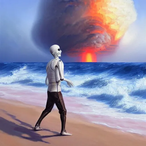 Prompt: Beautiful painting of relaxed white skeleton walking on the tropical beach with nuclear bomb explosion on the ocean, high quality, trending on Artstation, realistic, by Greg Rutkowski, highly detailed big nuclear explosion in the background, vibrant light color scheme, coherent, photorealism