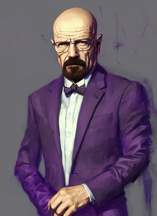 Prompt: Walter White wearing a dark purple suit, elegant, digital painting, concept art, smooth, sharp focus, illustration, from StarCraft by Ruan Jia and Mandy Jurgens and Artgerm and William-Adolphe Bouguerea