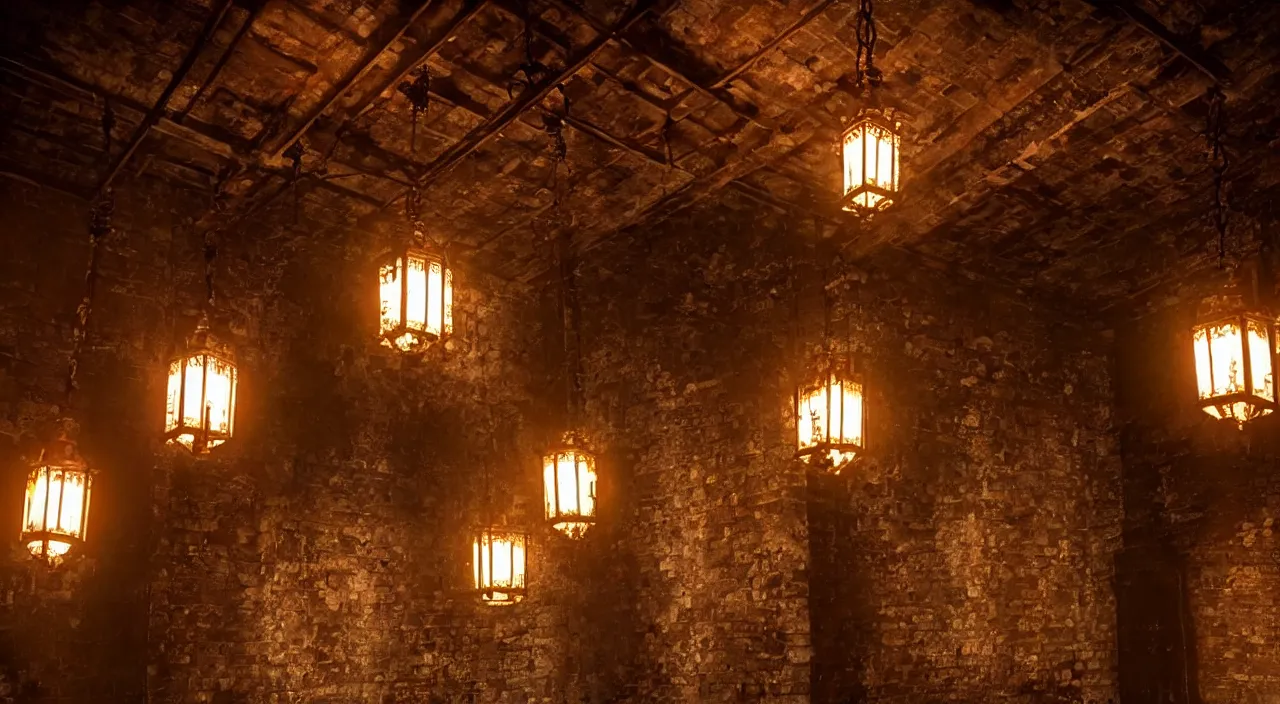 Prompt: long Castle interior wall with iron wrought windows, lanterns hanging from the ceiling in the style of darkest dungeon