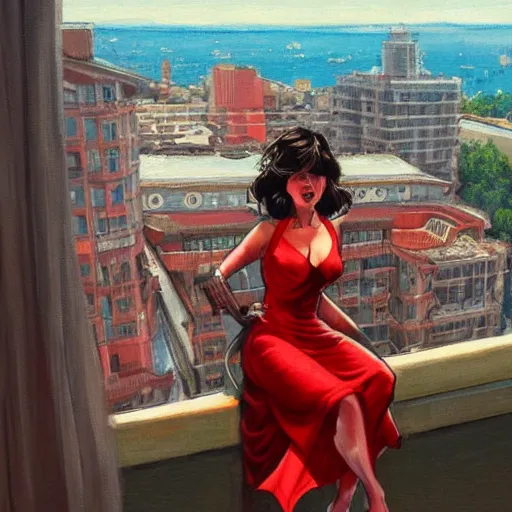 Prompt: a beautiful artwork of a woman in red dress sitting on the balcony of a hotel top view, by Jerome Opeña, featured on artstation