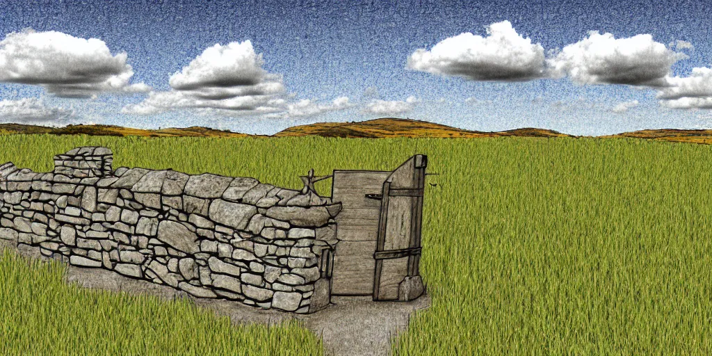 Image similar to Drawing of a large scale field landscape. single gritty stone gate as centerpiece. Stylized. Digital art. 8k. Evocative.
