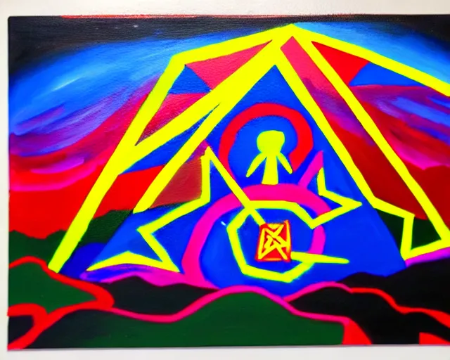 Image similar to Oil painting of a wizard on death mountain. Layered colorful magic spells in guernica style. Neon geometric geometric inks artwork. Elemental envelopment of the arcane master mage's ritual