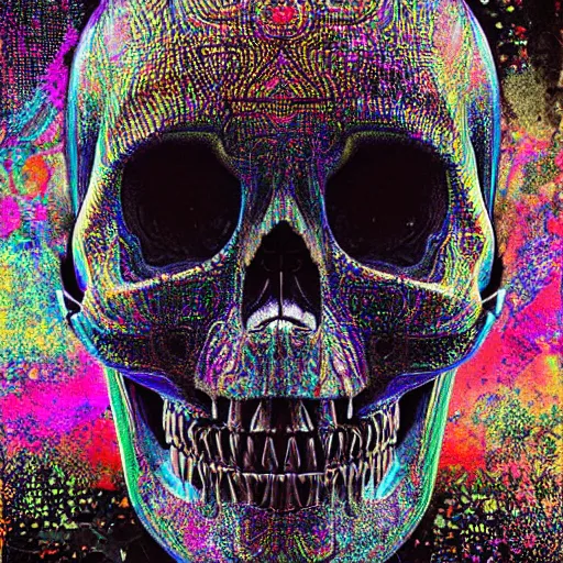 Image similar to portrait_of_glossy metalic skull with glitch effects._intricate_abstract._psychedelic_liquod_embossed_intricate_artwork._by_Tooth_Wu_wlop_beeple_dan_mumford._octane_render_trending_on_artstat