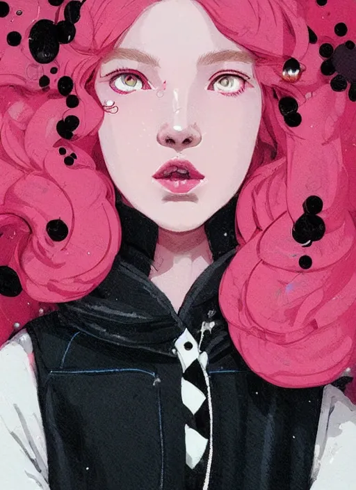 Image similar to highly detailed portrait of a girl with scarlet lips and pink eyes, tartan hoody, ringlet hair, short white hair by atey ghailan, by greg rutkowski, by greg tocchini, by james gilleard, by joe fenton, by kaethe butcher, gradient pink, black, red, cream and white color scheme, trending in pinterest, award winning details