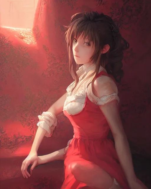 Image similar to aerith gainsborough in red lace skirt, portrait, illustration, rim light, top light, perfectly shaded, soft painting, art by krenz cushart and wenjun lin