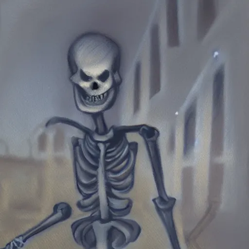 Prompt: creepy mafia skeleton in a fogged neighborhood, pastel painting