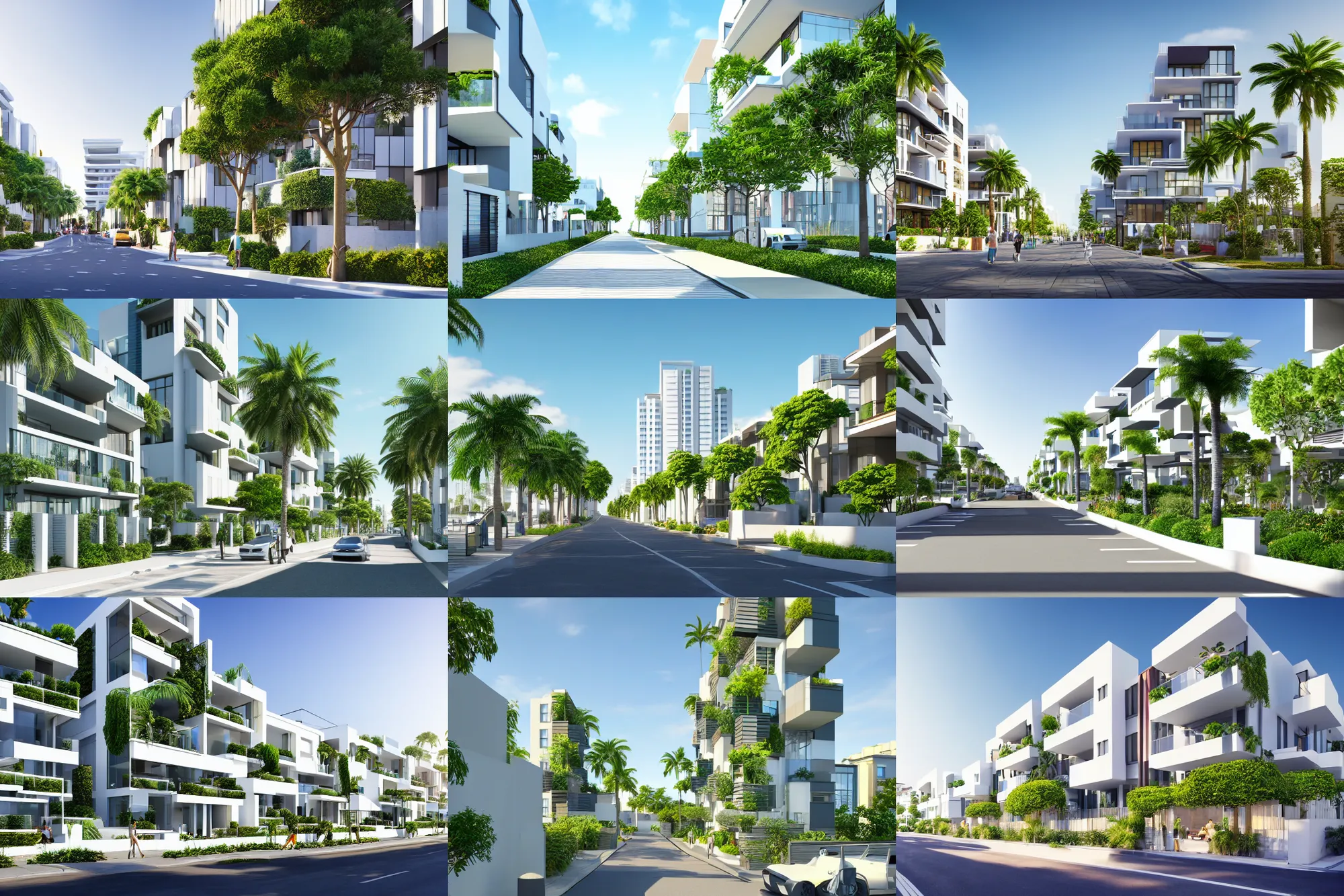 Prompt: render of a street with beautiful modern homes, designed for cozy aesthetics!, beachfront, high - rise business district, energy efficiency and maximizing plants and greenery, cg render, sunny sky light, high resolution, professional