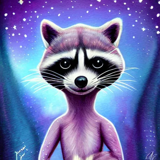 Image similar to purple raccoon in the stars in the style of Anna Dittman